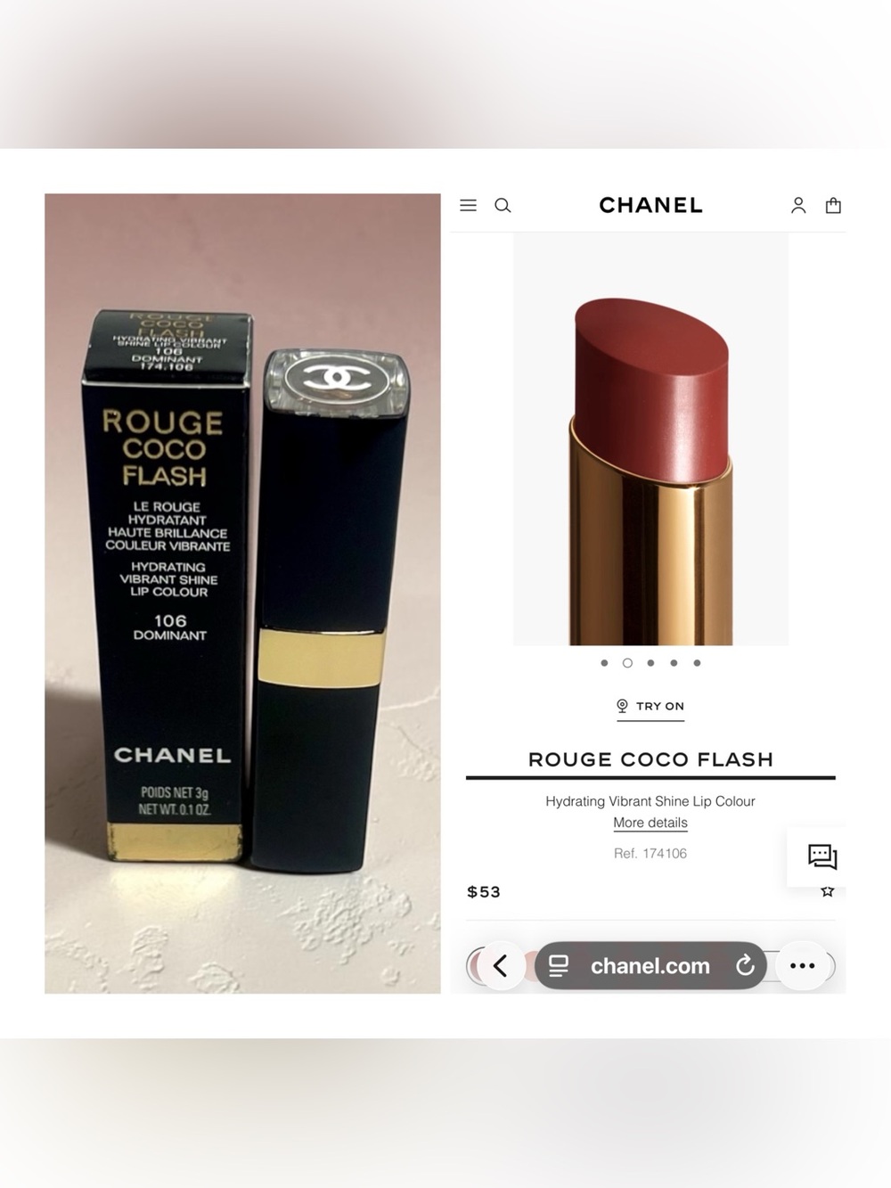 Chanel Rouge Coco Flash Hydrating Vibrant Shine Lip Colour - 106 Dominant - Picture 2 of 13